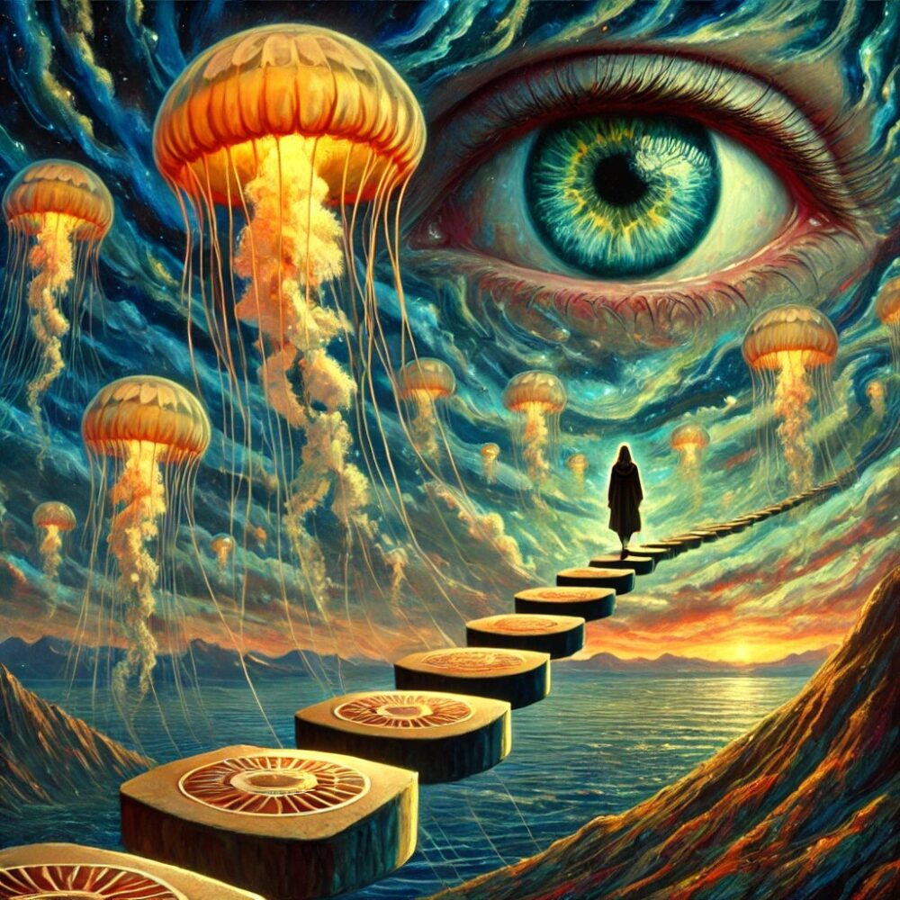 Celestial Ascent – Surrealist Dreamscape Oil Painting with Floating Jellyfish and Cosmic Eye