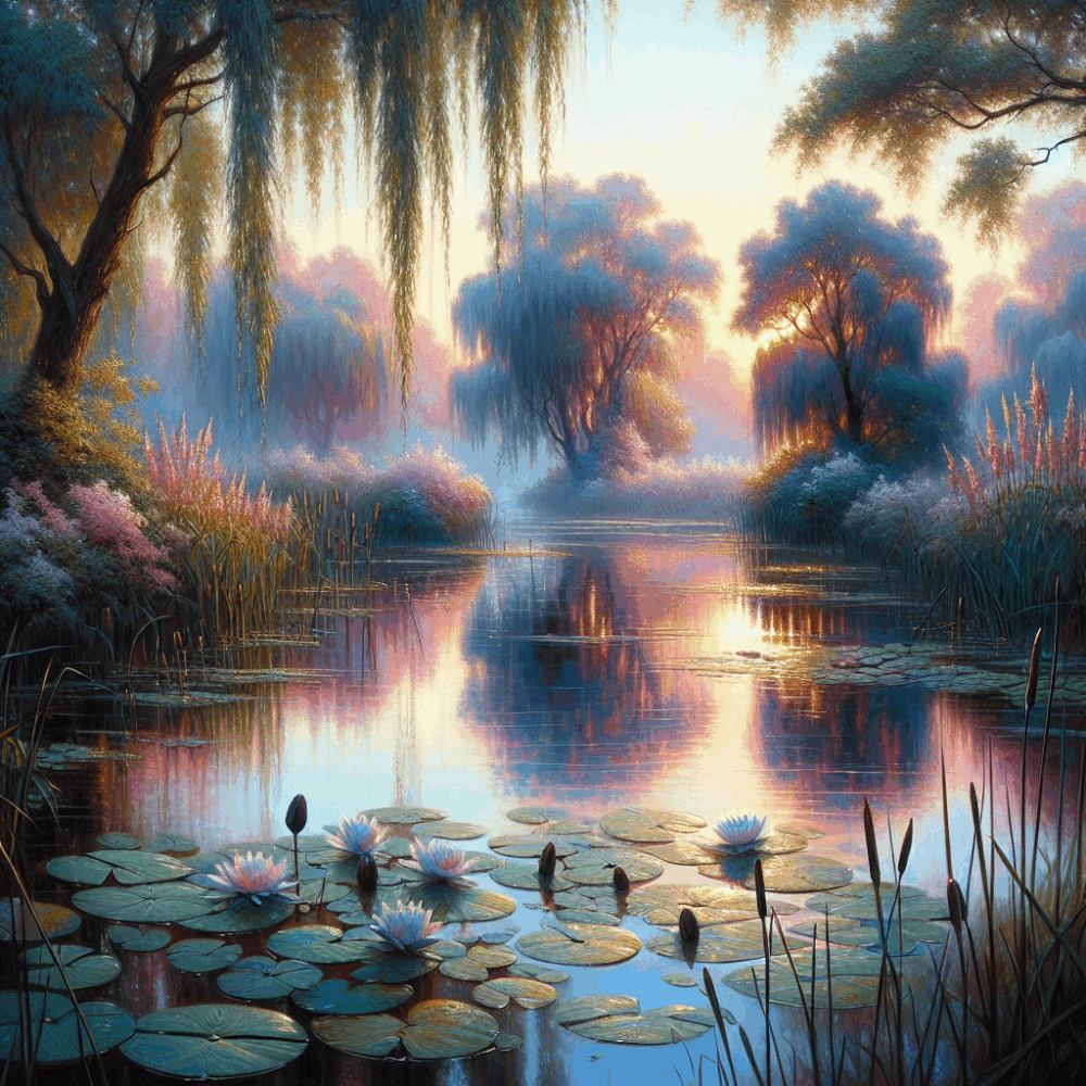 A painting of a pond with water lils and trees